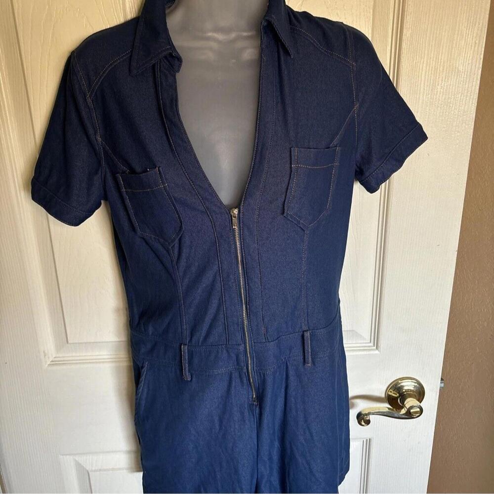 Entry Women Short Sleeve Romper‎ Jegging Denim Look Deep V-neck Large